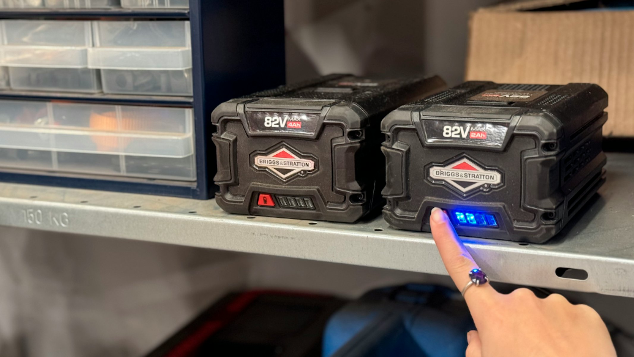 82V lithium-ion batteries on storage shelf for winter 2 lights