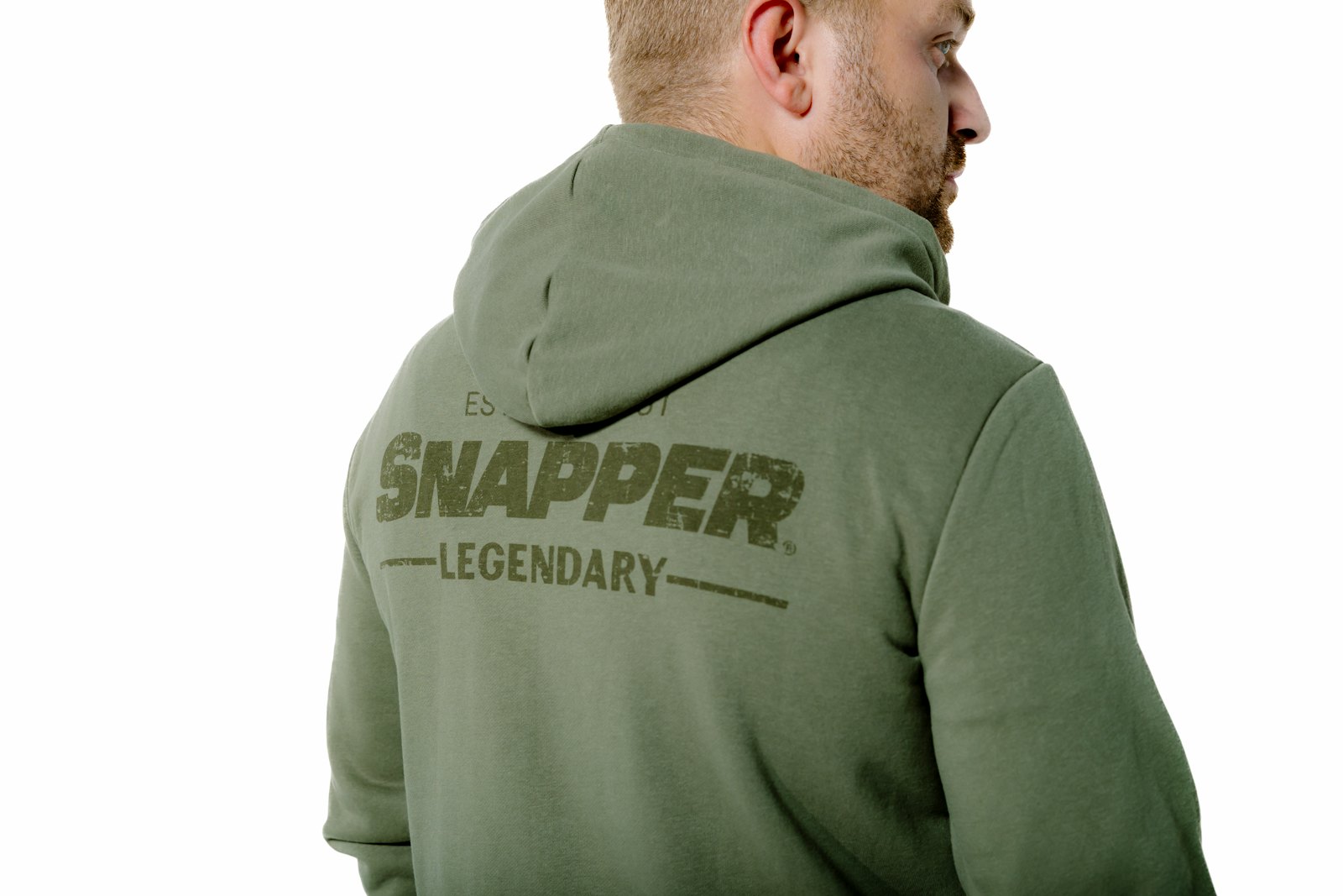 Over shoulder view fair haired man wears Snapper hoodie back